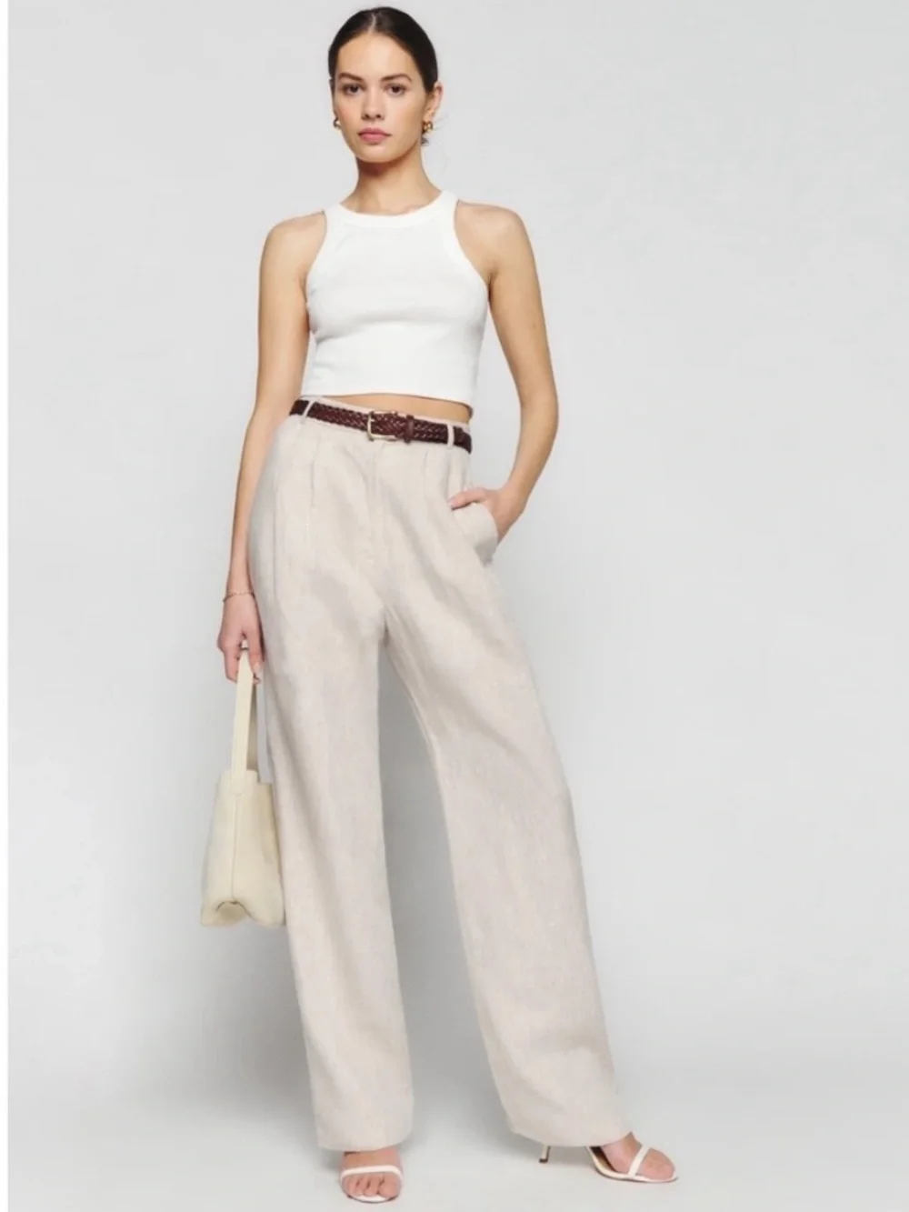 Reformation Mason Linen High Rise Wide Leg Pleated Pant Beige Women 2 Like New